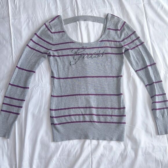 GUESS Vintage Y2K Vibes Grey Purple Glitter Stripe Bling Graphic Sweater… - Picture 1 of 5